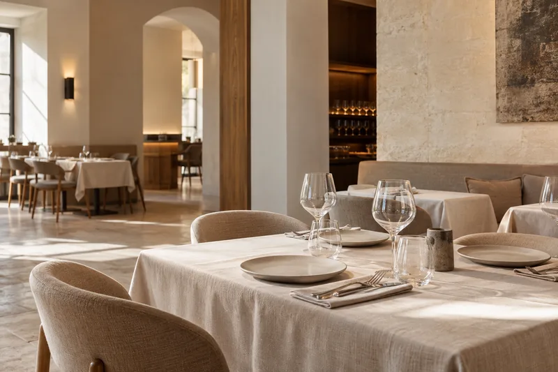 Restaurant modern, cu mese pregătite, farfurii și pahare, în lumină naturală