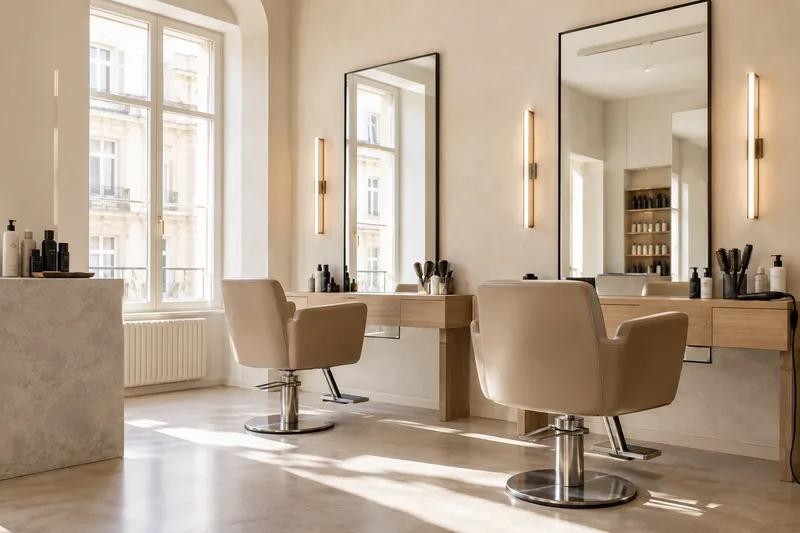 Salon luminos, cu scaune de coafură și oglinzi într-un interior cald