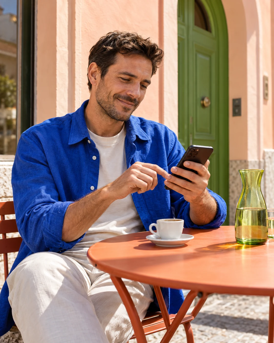 Un client folosește telefonul la o cafenea cu terasă, pentru a-și organiza următoarea vizită