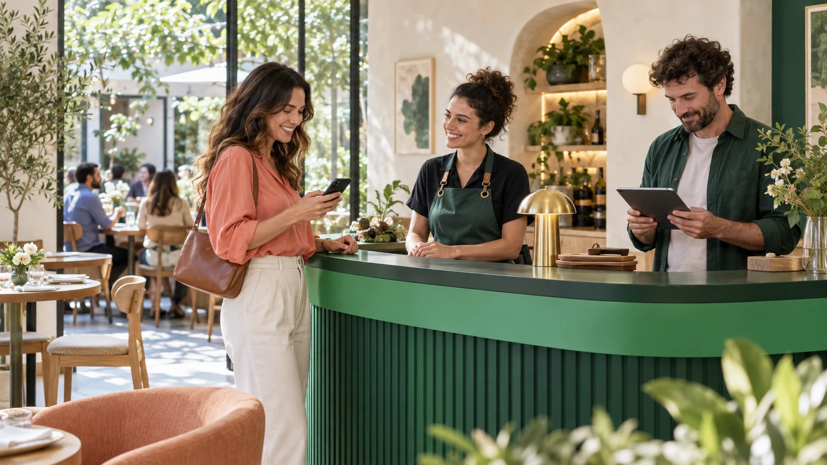 Scenă ilustrativă: o clientă cu telefonul, o gazdă la recepție și un administrator cu tableta, într-un bistro luminos