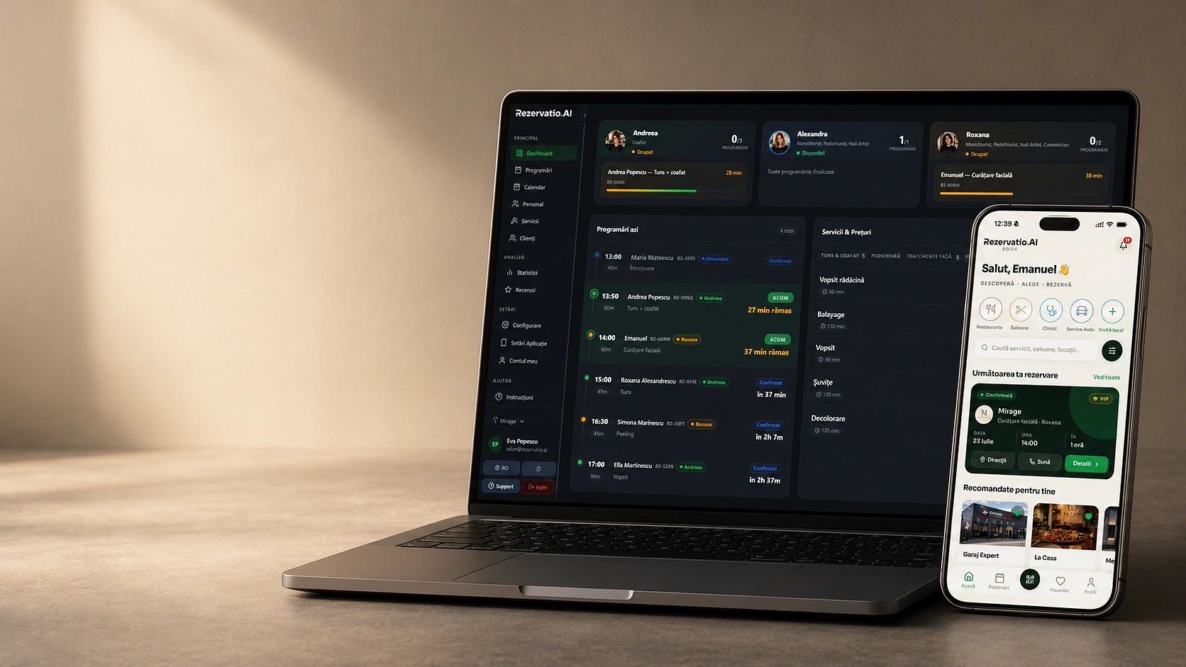 Dashboard Rezervatio.AI și aplicația Rezervatio Book